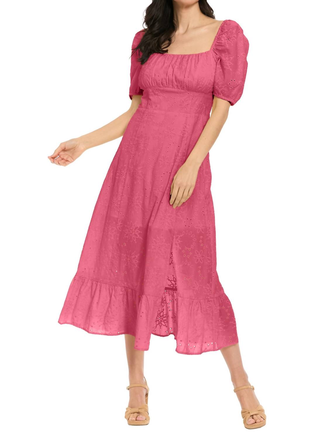LONDON TIMES Square Neck eyelet Midi Dress in pink lemonade - women's dress