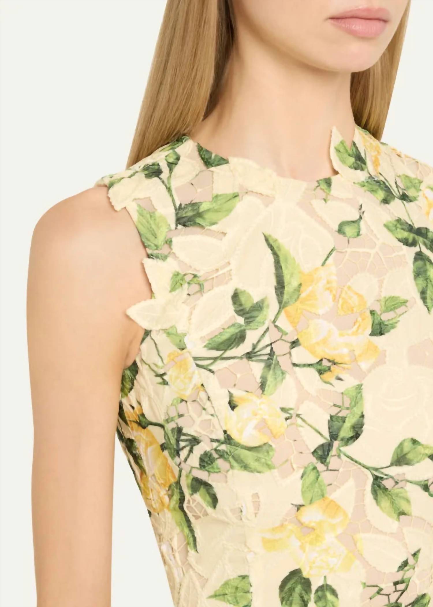 Oscar De La Renta - Sleeveless Printed Garden Rose Guipure Dress