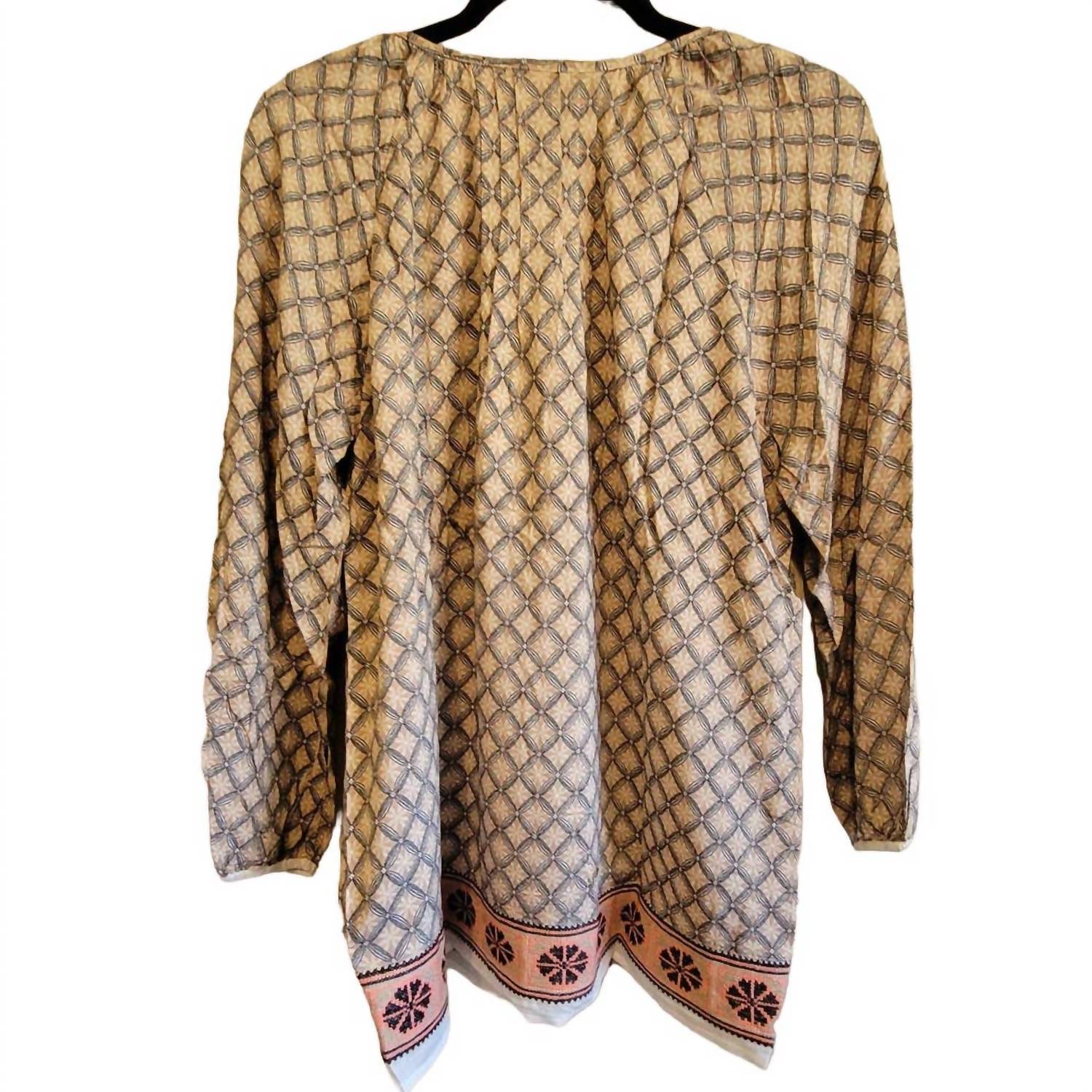 Mystree - Boho Embroidered Border Gathered Sleeves Tunic Top