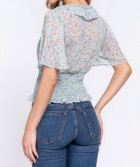 Active Basic Flutter Sleeve V-Neck with Ruffle Smocked Waist Chiffon Top in blue floral - women's blouse - detail view