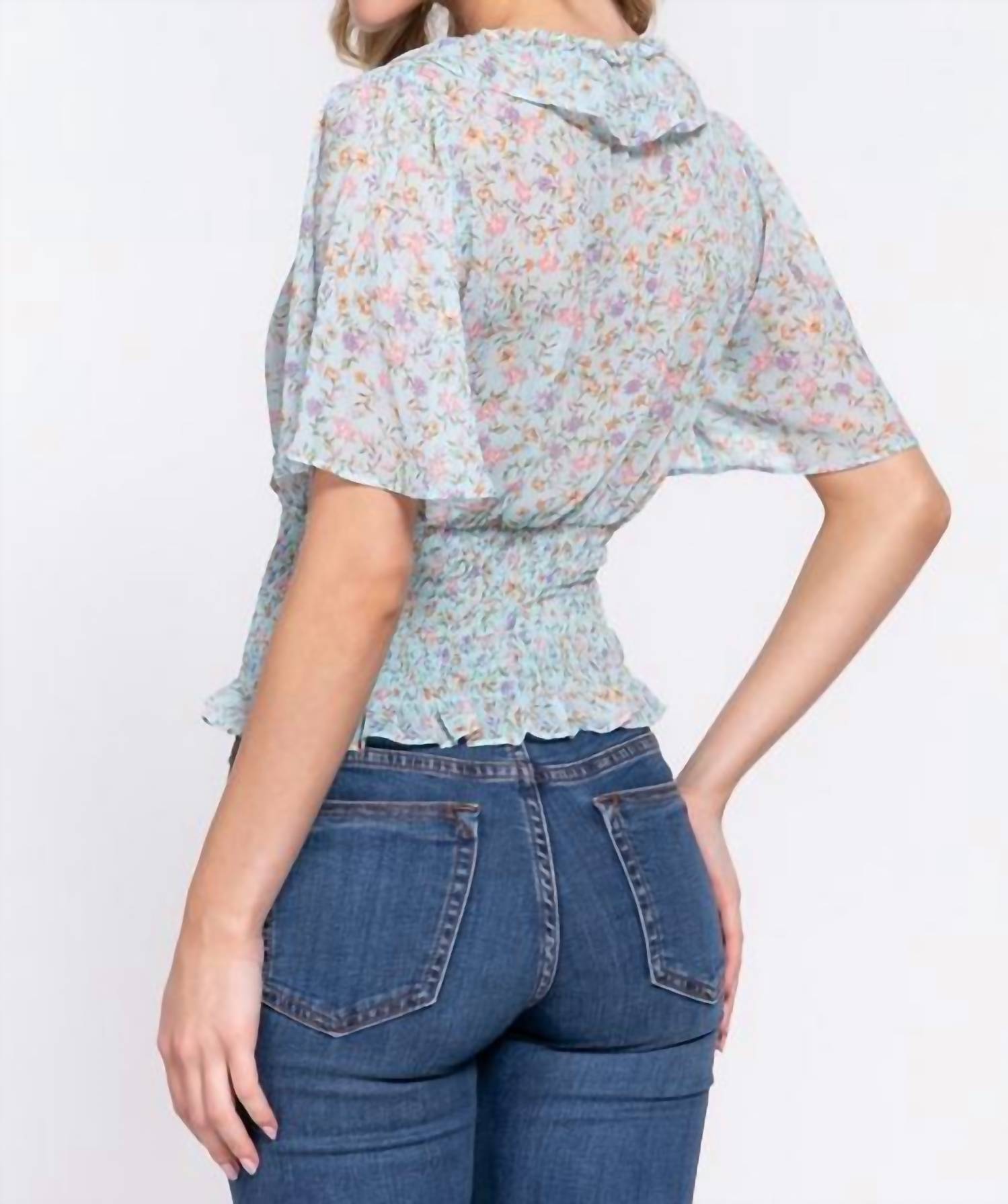 Active Basic Flutter Sleeve V-Neck with Ruffle Smocked Waist Chiffon Top in blue floral - women's blouse - detail view