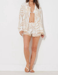 ocean drive Printed Rayon Smocked Short in tan abstract leaf - women's shorts - detail view