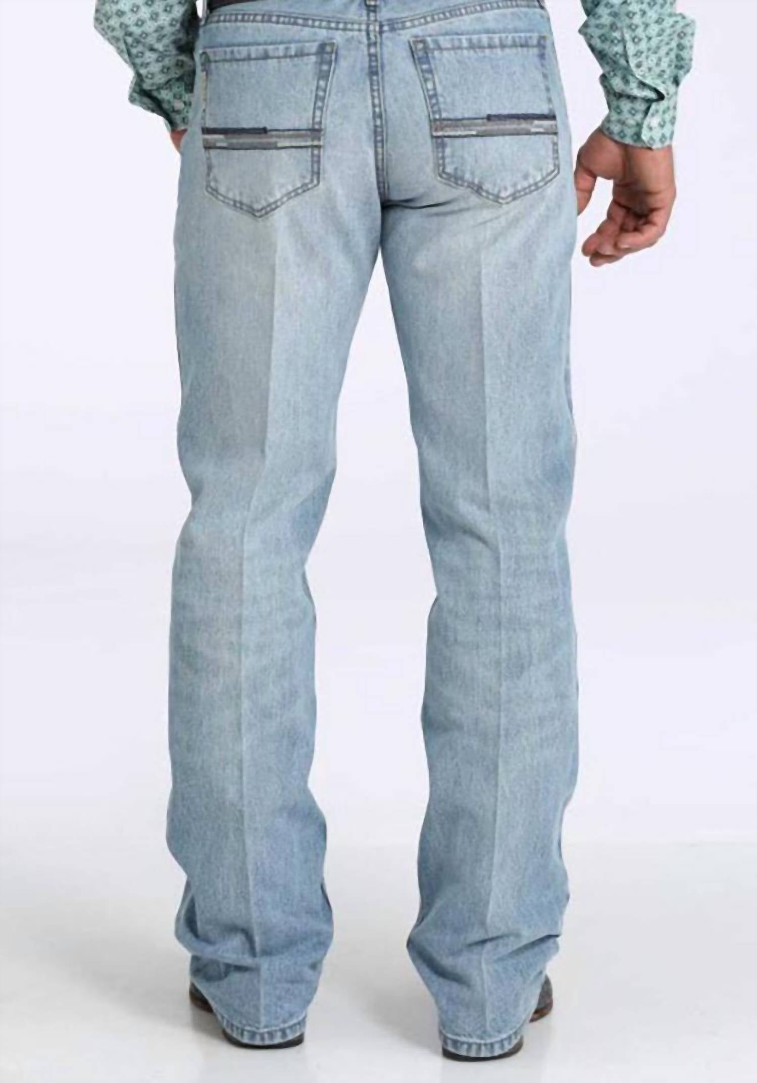 CINCH Men's Grant Relaxed Boot Cut Mid Rise Jean in light blue - men's jeans - detail view
