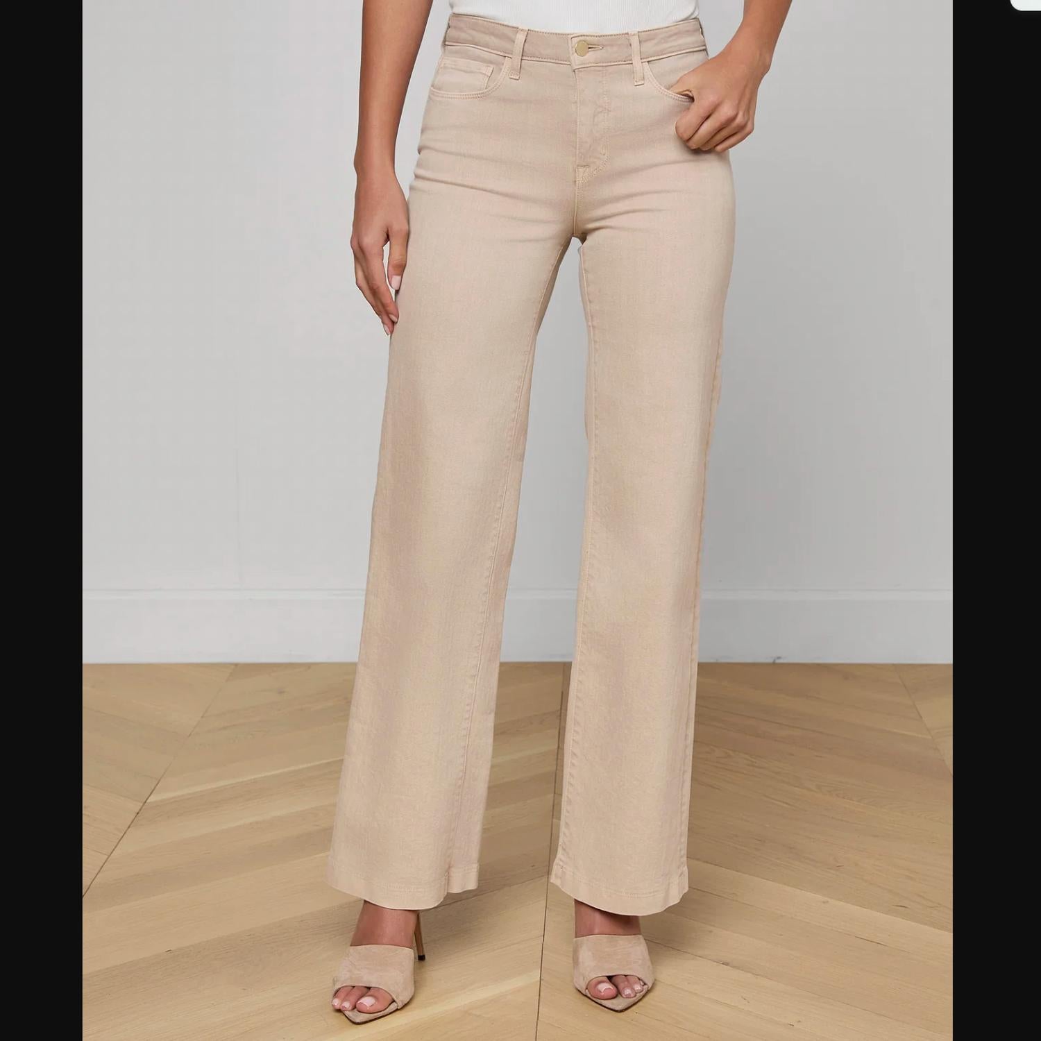 L'Agence Scottie High Rise Wide Leg Jeans in biscuit khaki - women's jeans - detail view