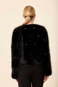 DOLCE CABO Pearl And Rhinestone Fur Jacket in black - women's jacket - detail view