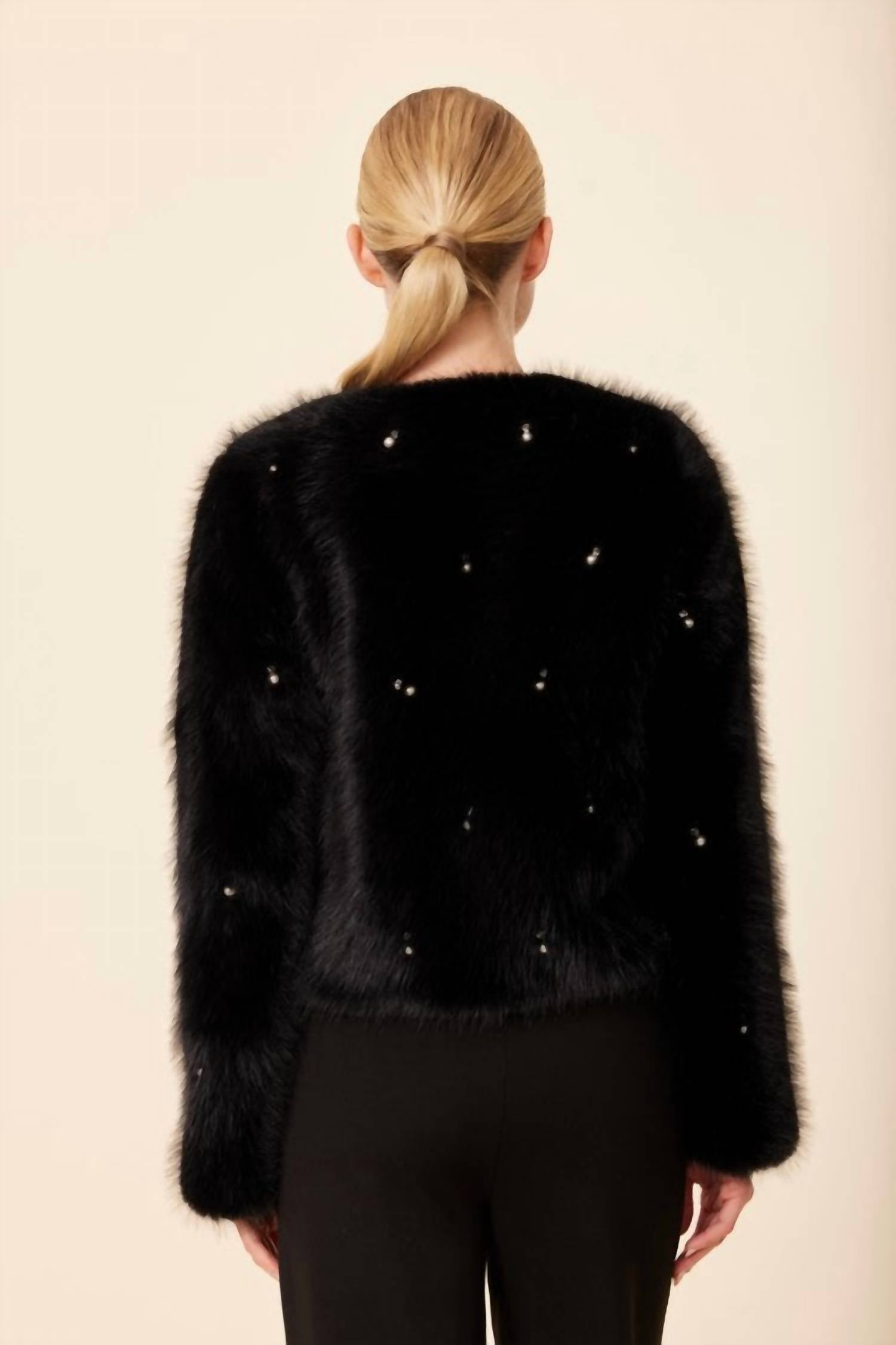 DOLCE CABO Pearl And Rhinestone Fur Jacket in black - women's jacket - detail view