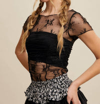 Listicle - Semi Sheer Floral Mesh Ruched Layering Top