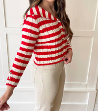 Dex Long Sleeve Knit Cardigan in scarlet cream stripe - women's cardigan - detail view