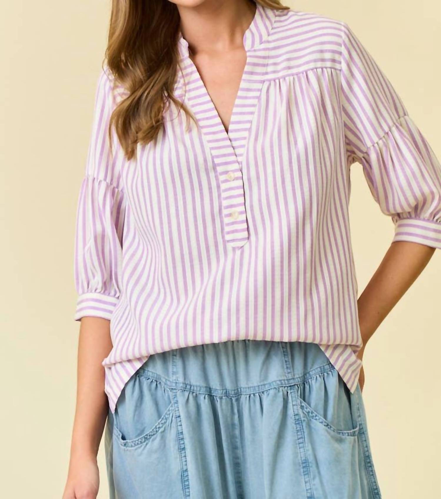 Doe And Rae - Women's Striped Puff Sleeve Pullover Top