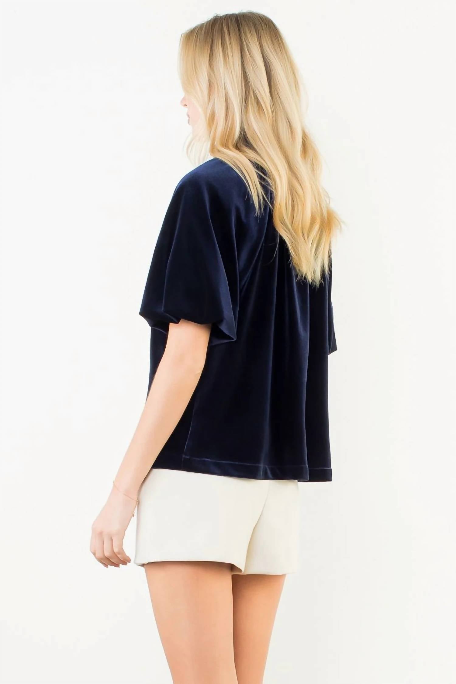 THML Erickson Velvet Top in navy - women's t-shirt - detail view