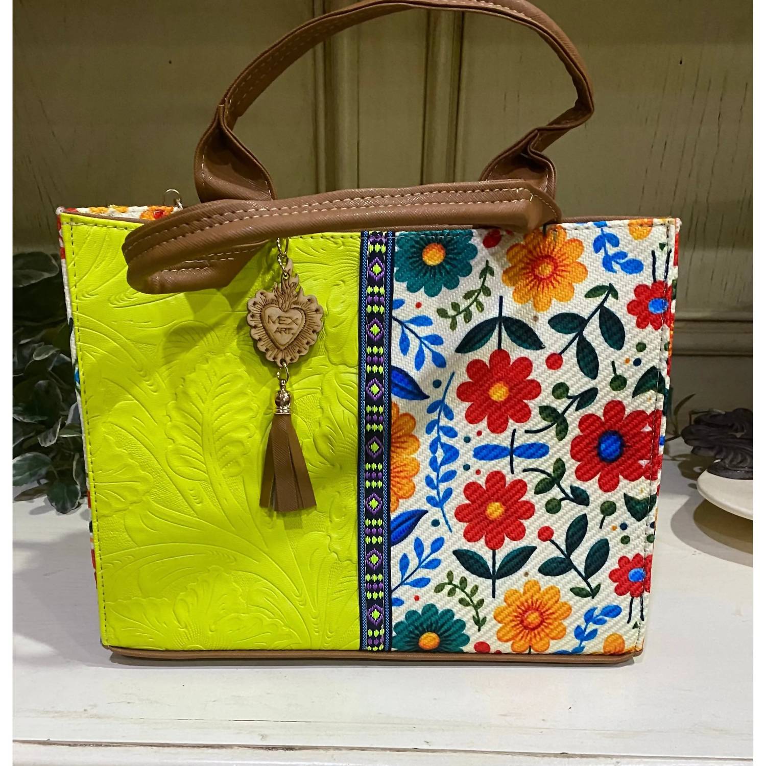 GMCE Global Trading Women's Artisanal Embroidered Look Leather Tote Bag in lime - women's bag