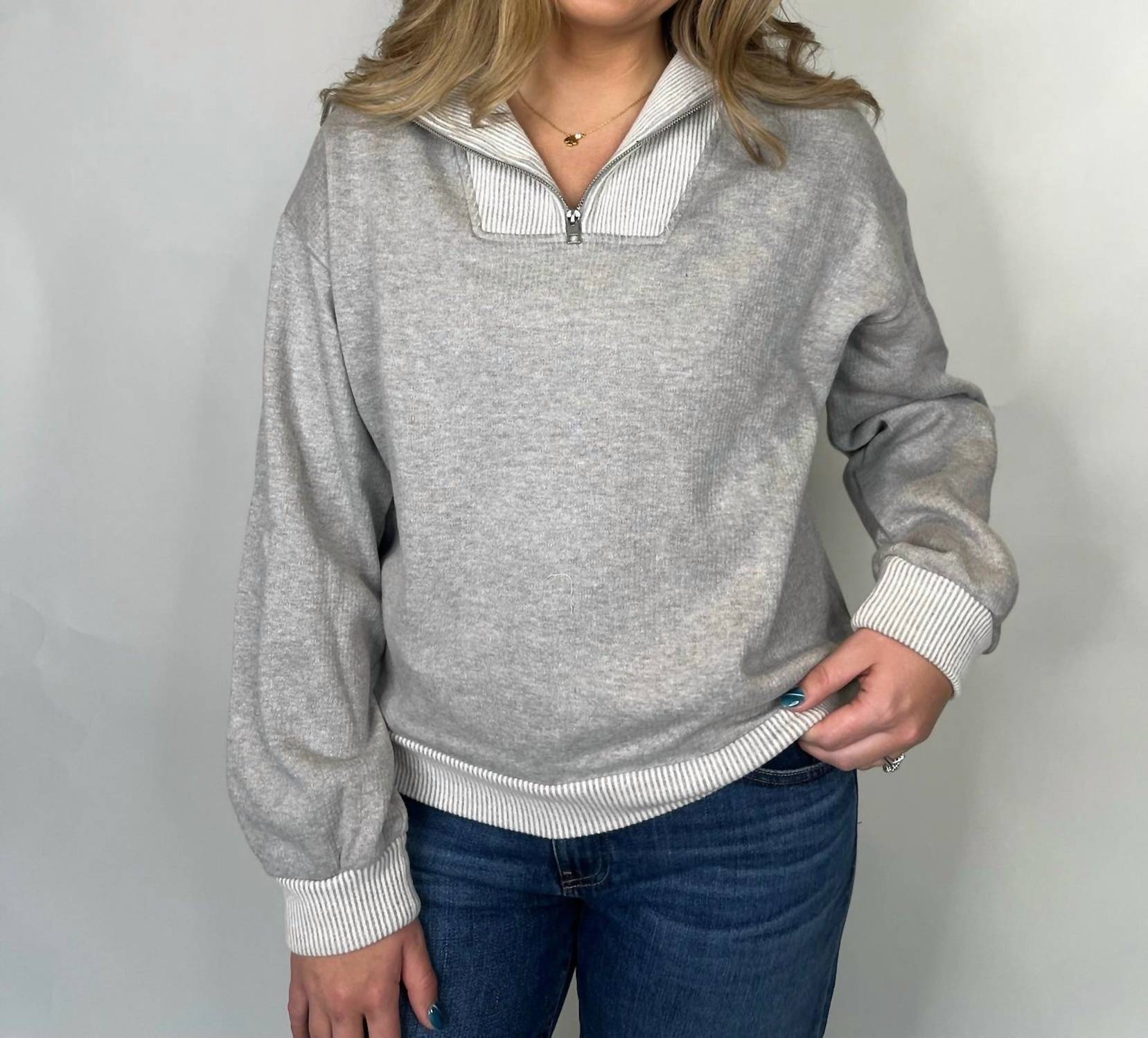 Bella Dahl Mix Knit Henley Zip Sweatshirt in grey - women's top