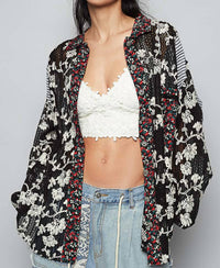 POL Mixed Texture Patchwork Button Up Top in black - women's shirt