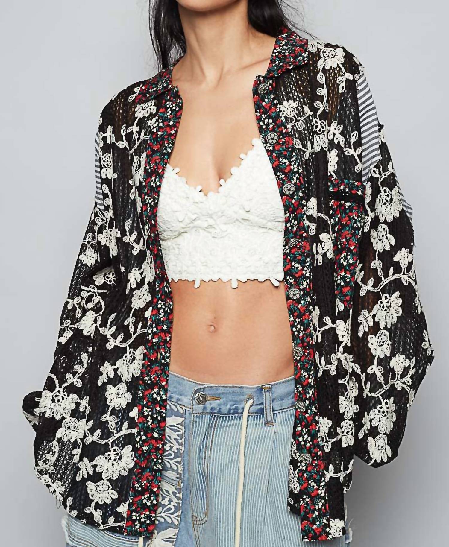 POL Mixed Texture Patchwork Button Up Top in black - women's shirt