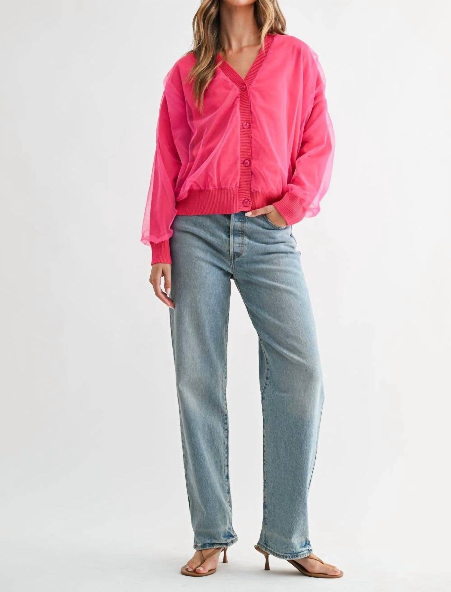 Joh Steven Sheer Ribbed Cardigan in hot pink - women's cardigan - view 6