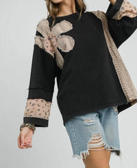 Umgee - French Terry Patchwork Pullover Sweatshirt