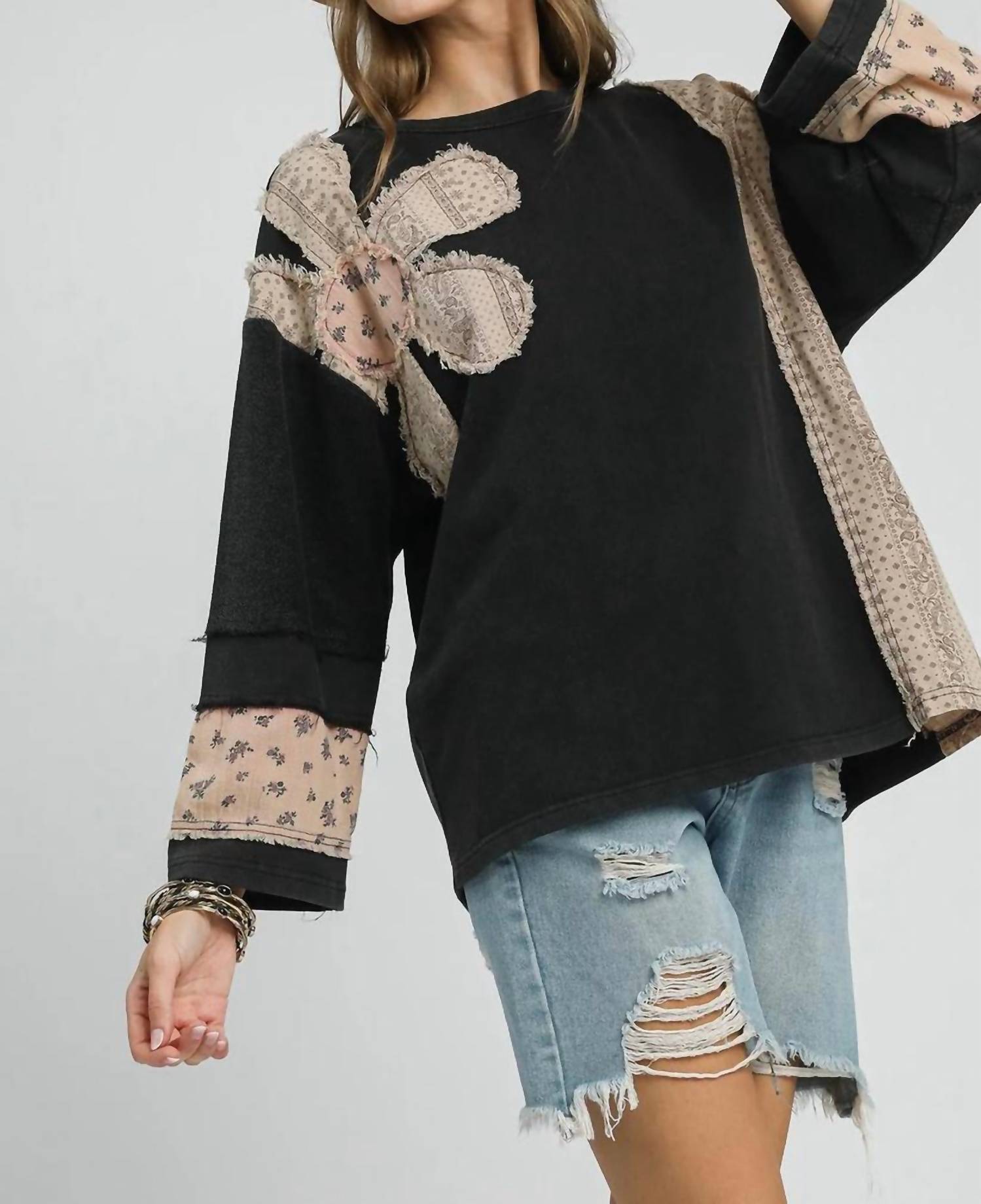 Umgee - French Terry Patchwork Pullover Sweatshirt