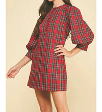 PINCH Andrea Holiday Buttoned Puff Sleeve Mini Dress in red plaid - women's dress - alternate view