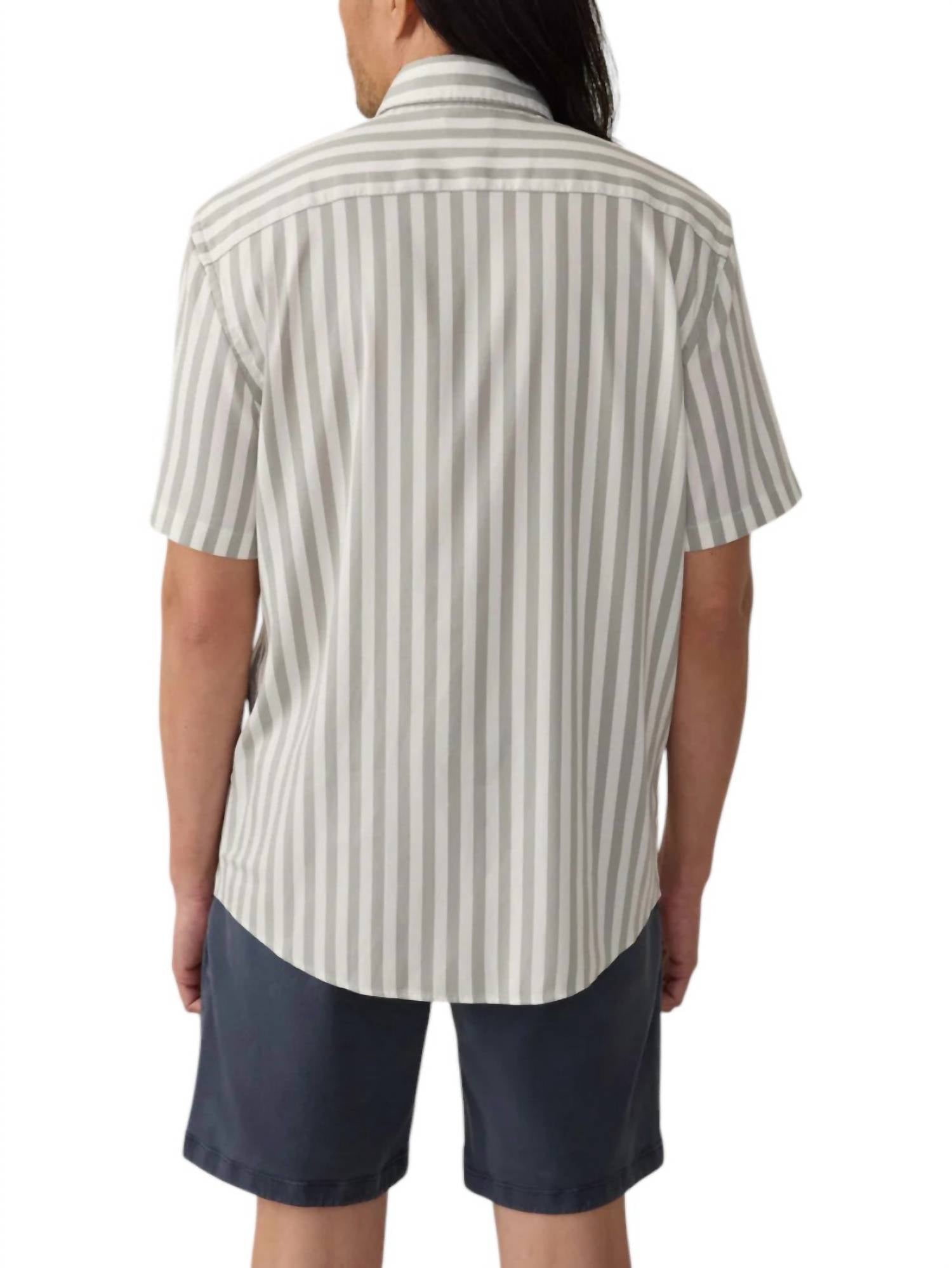 Faherty Short Sleeve Movement Monterrey Shirt in clover valley stripe - men's t-shirt - detail view
