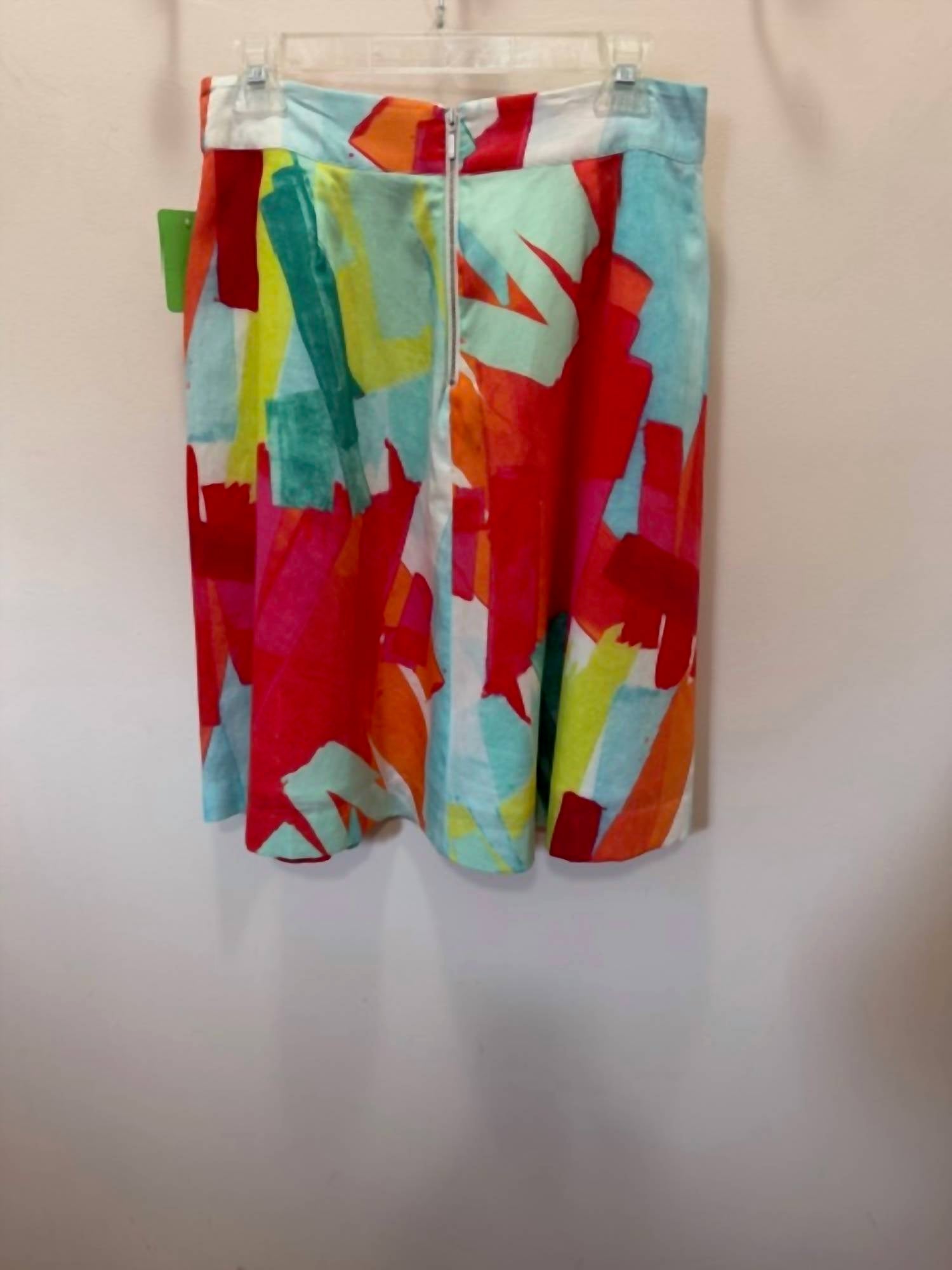 6 by Six Women's Brushstroke Inverted Pleat Cotton Skirt in aqua orange lime - women's skirt - detail view