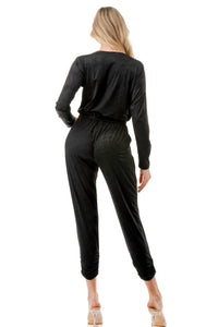 ariella V Neck Long Sleeve Jumpsuit in black - women's pants - detail view