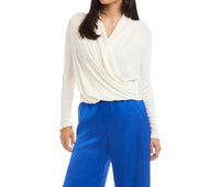 Karen Kane Long Sleeve Ribbed Drape Front Crossover Top in off white - women's long sleeve top