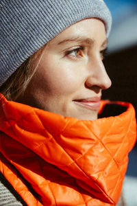 Powder Puff Collection Women's Pullover Quilted Pullover Neck Warmer in orange navy - women's scarf - detail view