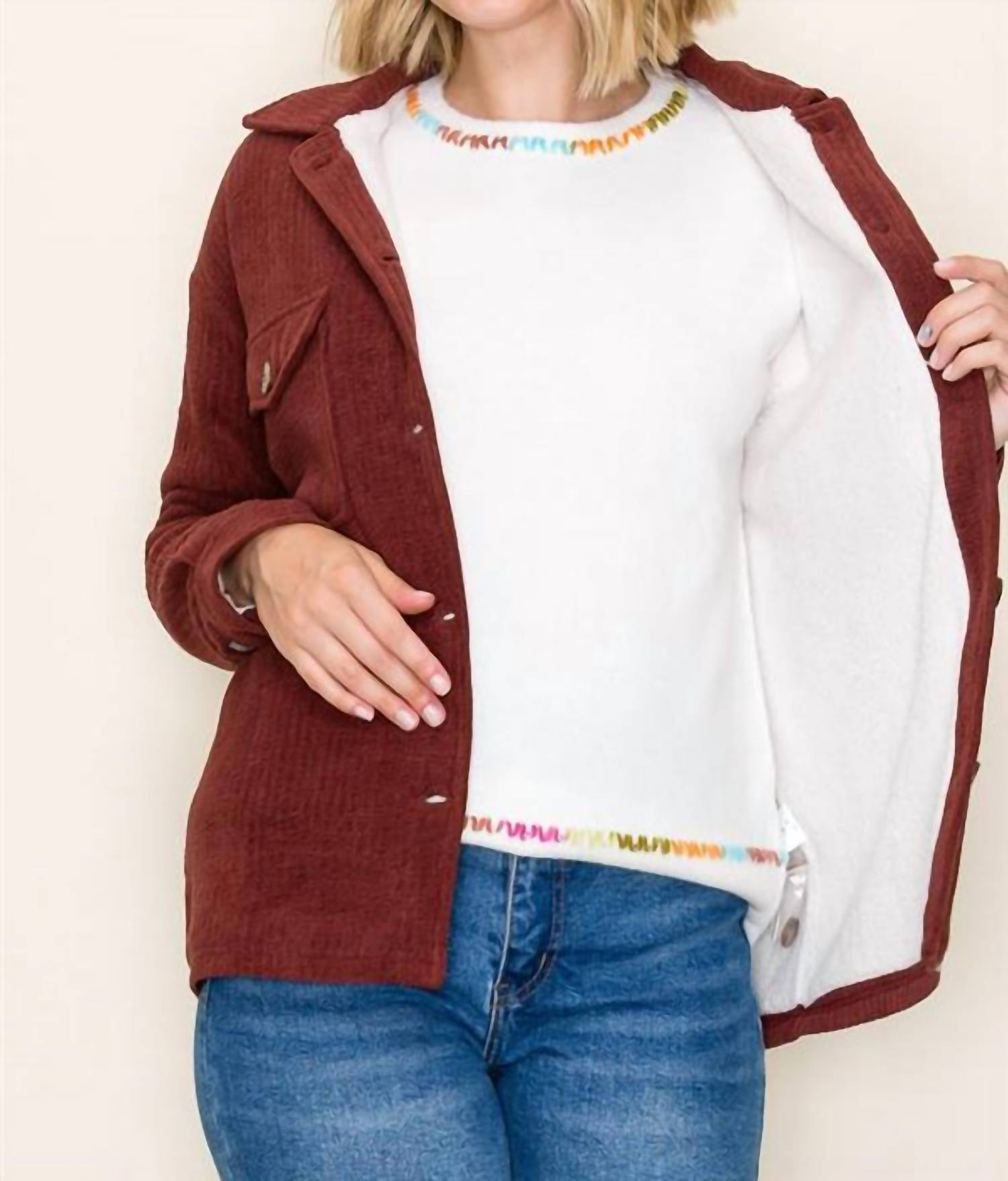 STACCATO Corduroy Fleece Lined Shacket in burgundy - women's jacket - view 6