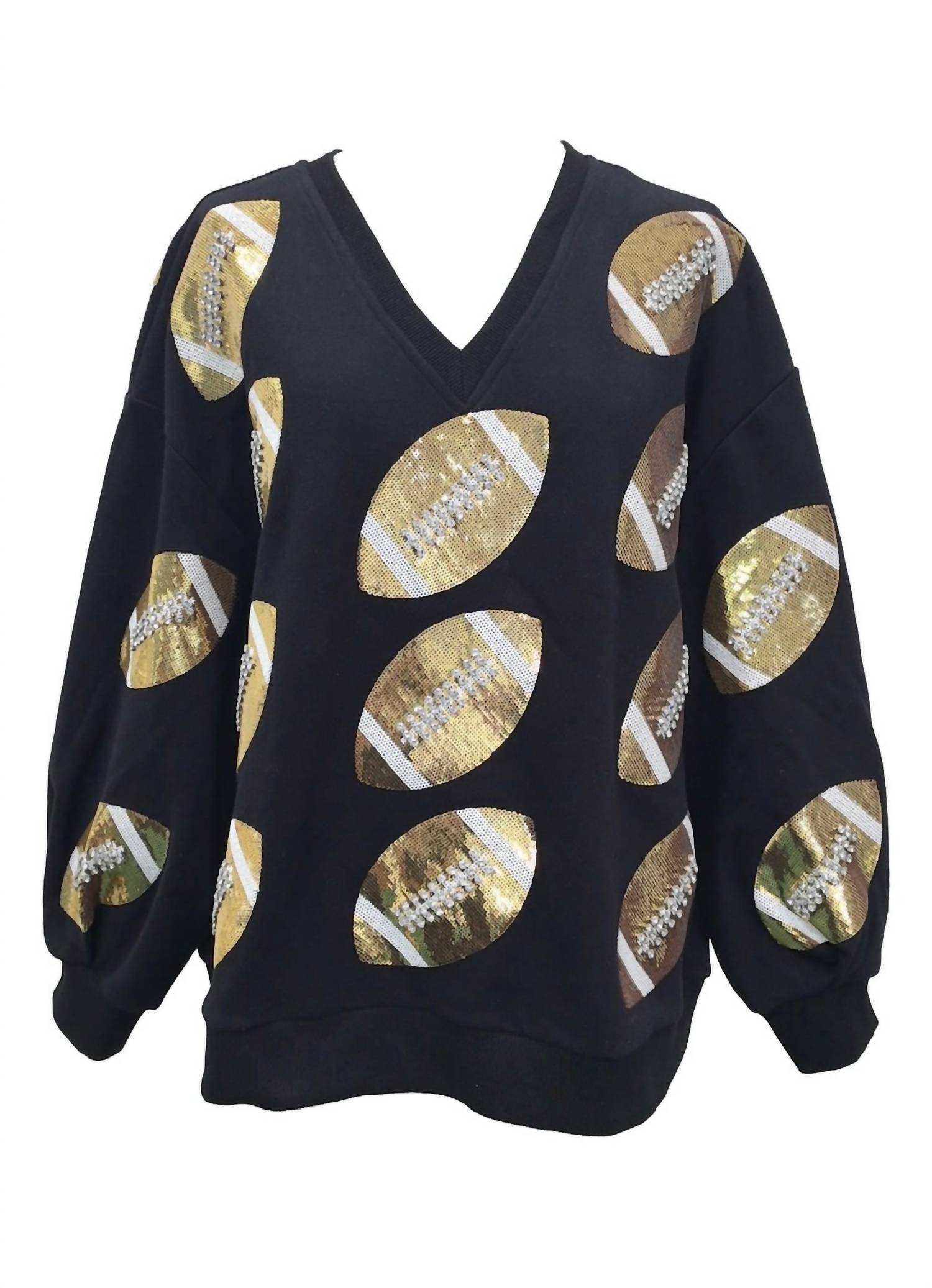 QUEEN OF SPARKLES Rhinestone Lace Football Sweatshirt in black gold - women's top - view 6