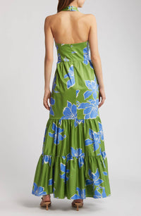 hutch Stretch Halter Maxi Dress in green floral - women's dress - detail view
