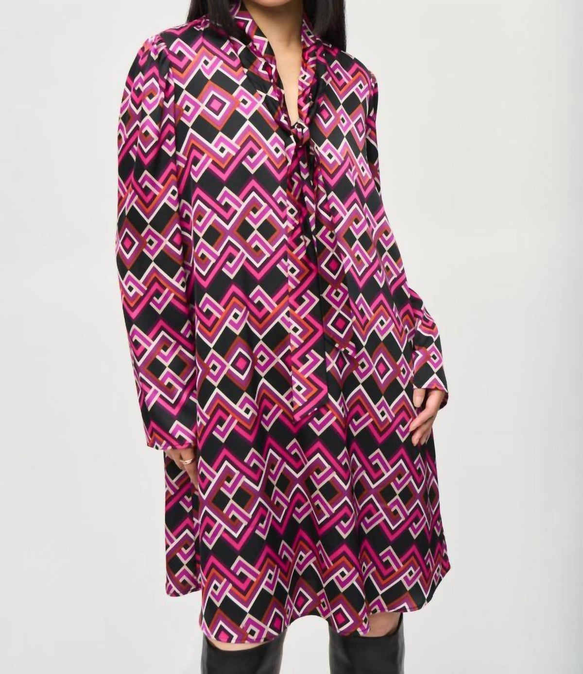 Joseph Ribkoff - Geometric Pussy Bow Satin Shift Dress