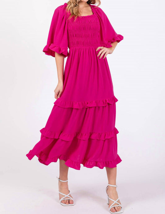 She + Sky - Bell Sleeve Square Neck Smocked Tiered Midi Dress