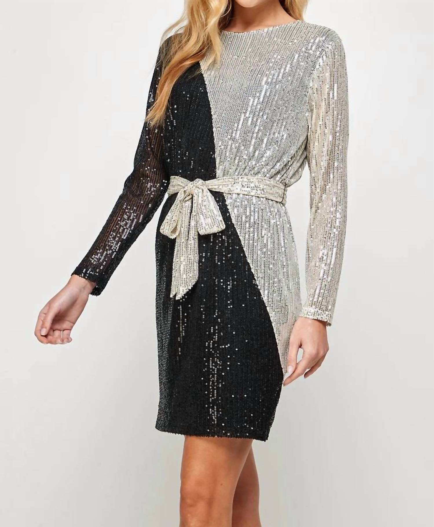 See And Be Seen - Sequin Color Blocked Long Sleeve Dress With Sash