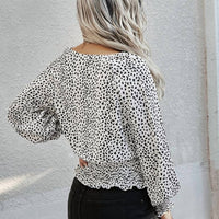 Mountain Valley - Leopard V-neck Smocked Long Sleeve Blouse