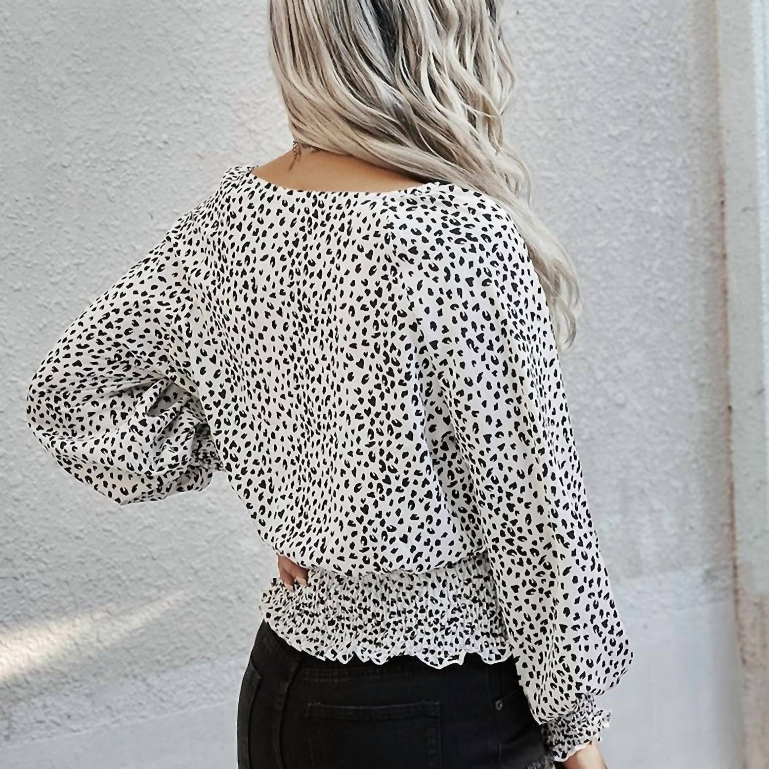 Mountain Valley - Leopard V-neck Smocked Long Sleeve Blouse