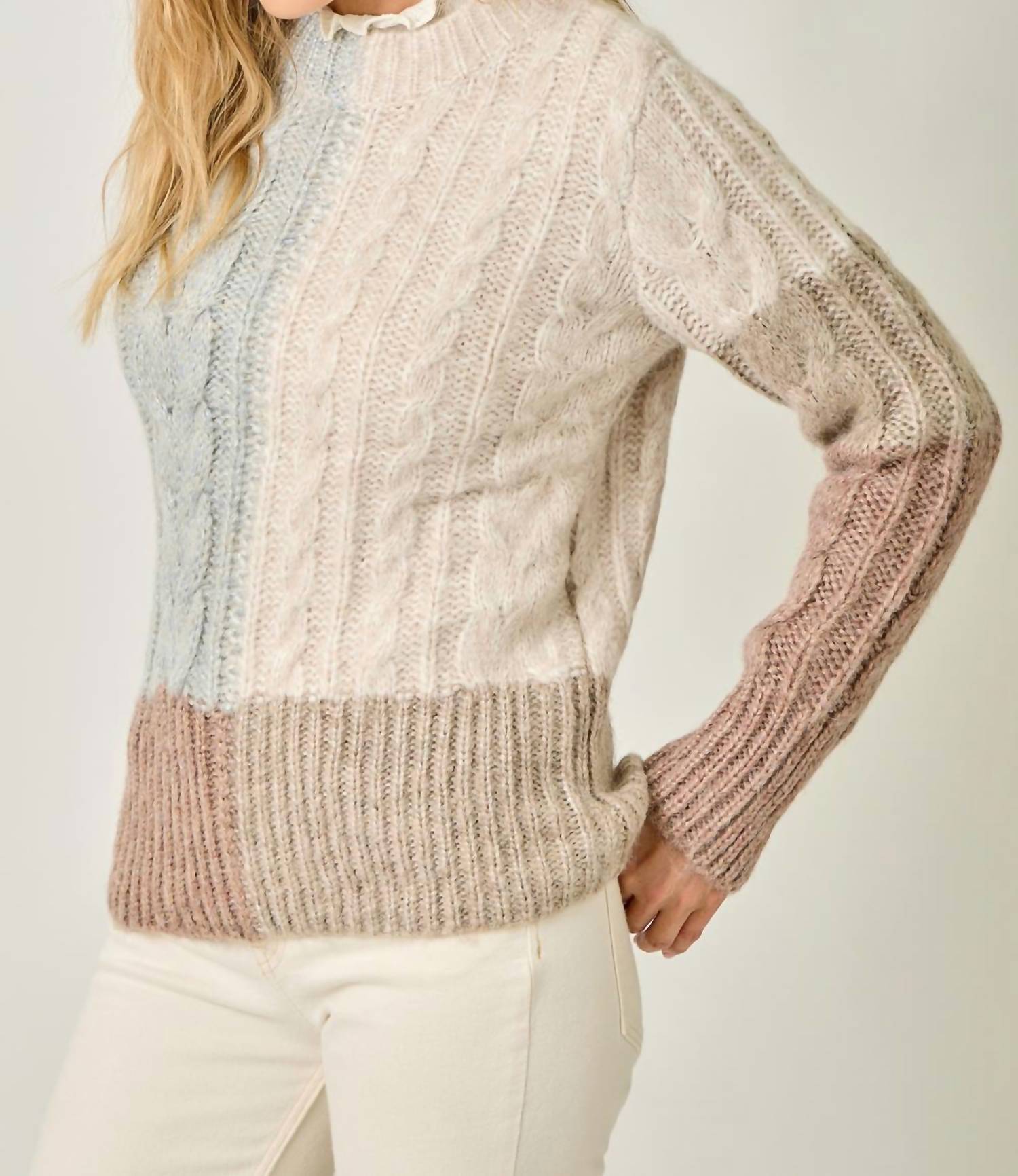mystree Color Block Cable Knit Sweater in oatmeal mauve - women's sweater - detail view
