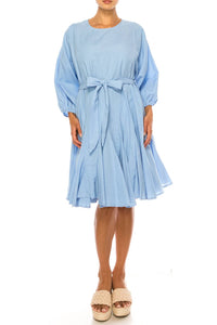Vivid - Long Sleeve Belted Godet Skirt Flared Dress