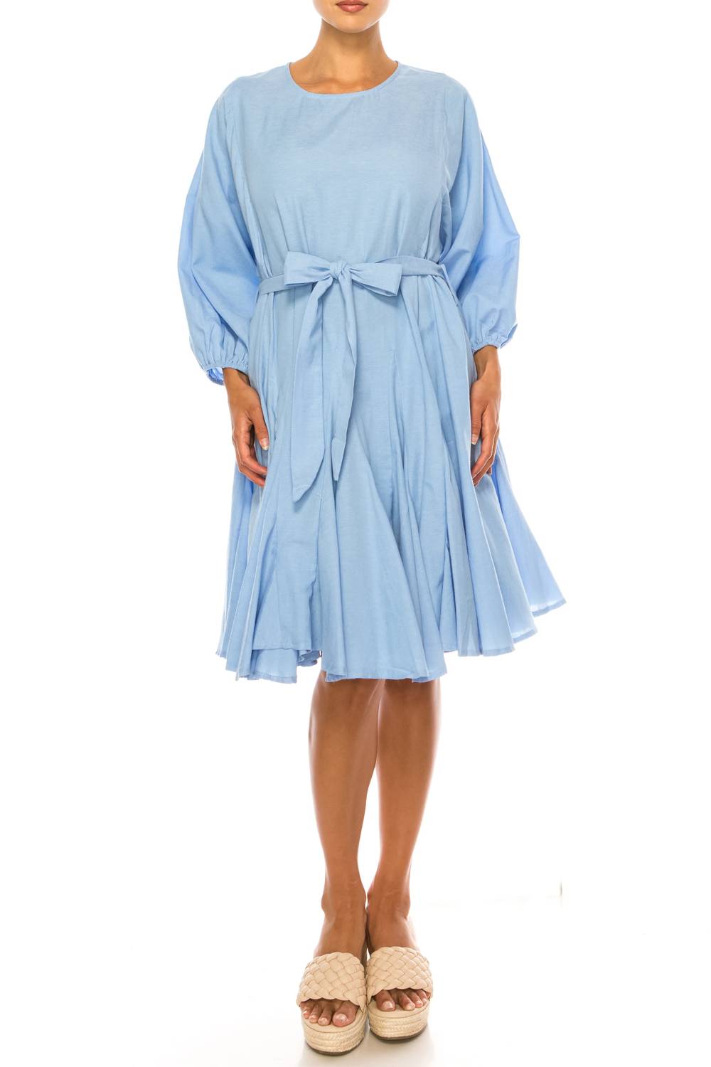 Vivid - Long Sleeve Belted Godet Skirt Flared Dress