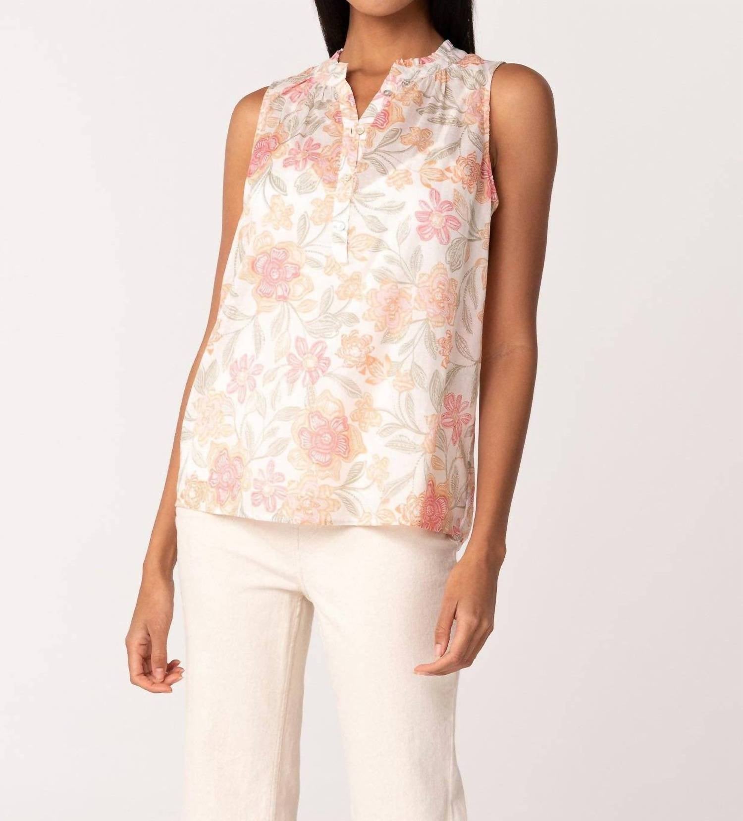 Lovestitch - Sheer Floral Button Front Ruffle Neck Tank Top