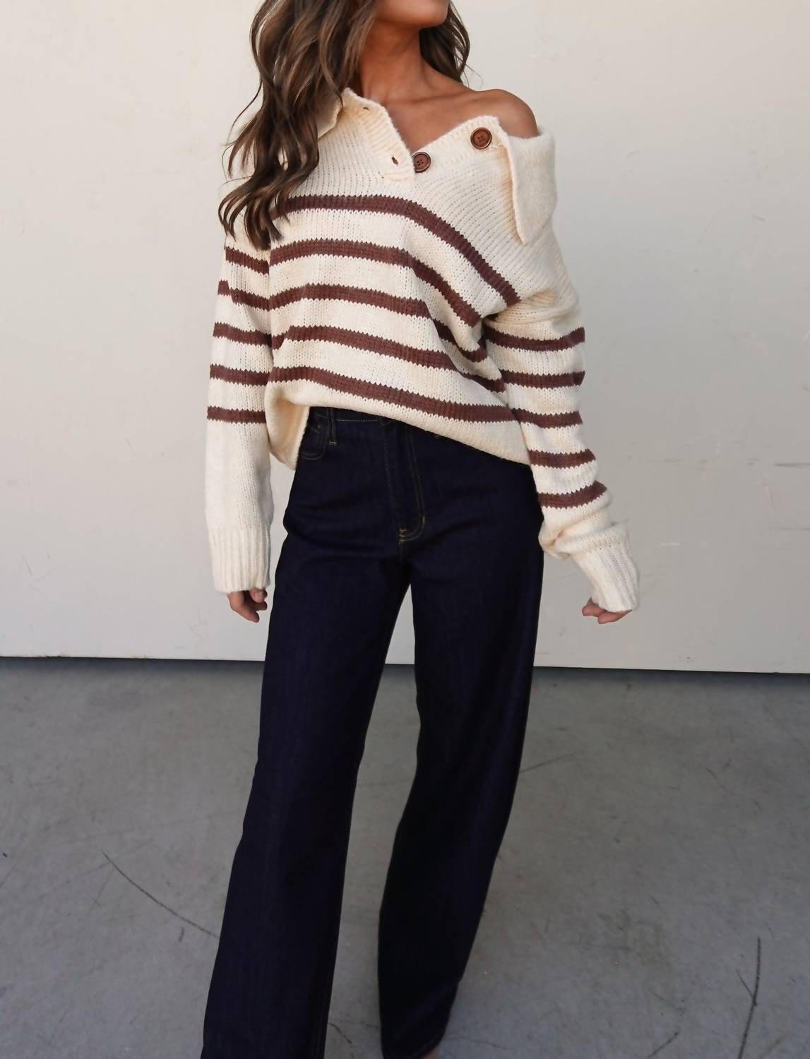 Listicle - Striped Button Collar Sweater