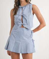 Mable - Gingham Tie Front Bow Tie Top Pleated Mini Skirt Set