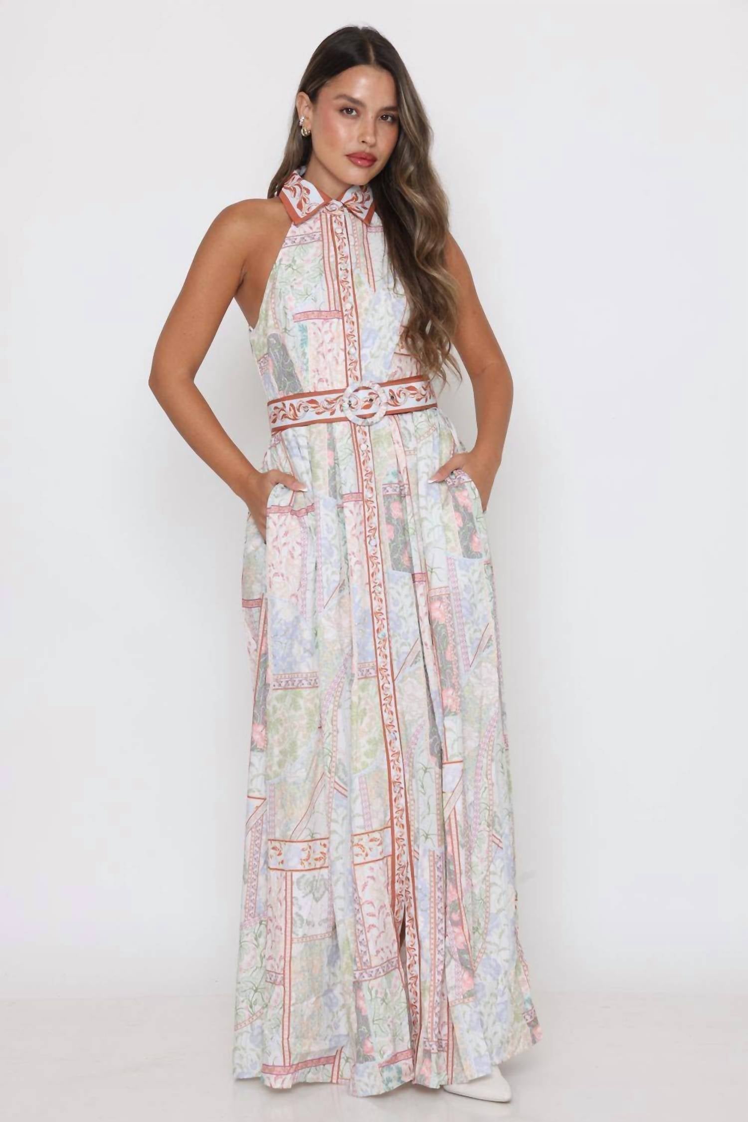 Miss Avenue - Round Buckle Belt Collared Maxi Dress