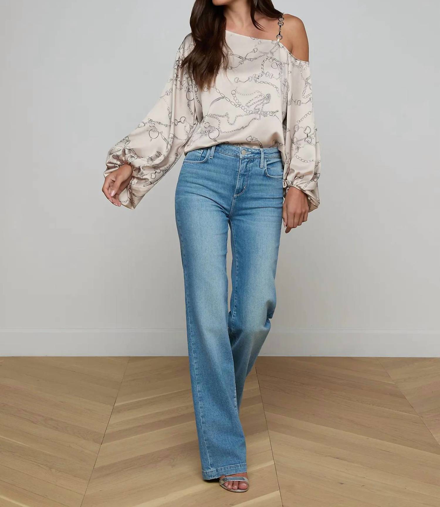 L'Agence Asami One Shoulder Blouse in soft macadamia multi small horsebit chain - women's blouse