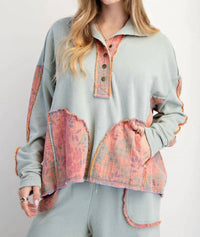 Easel - Floral Print Mock Neck Washed Terry Pullover
