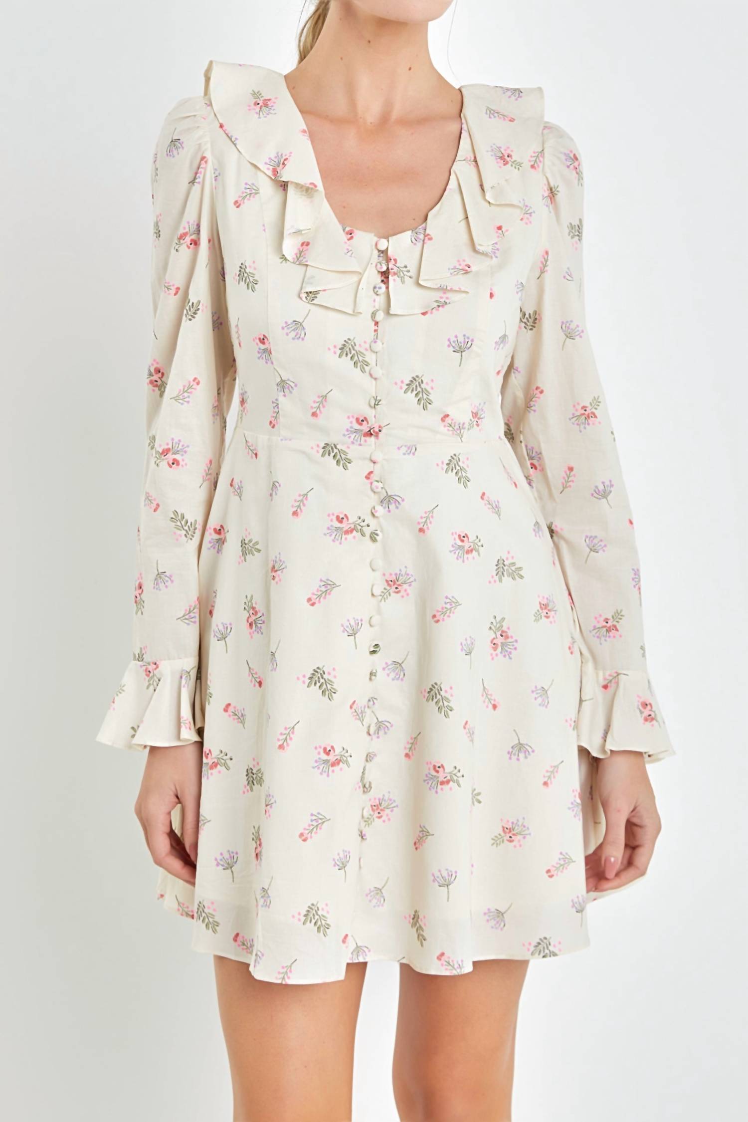 English Factory - FLORAL RUFFLED NECK DRESS