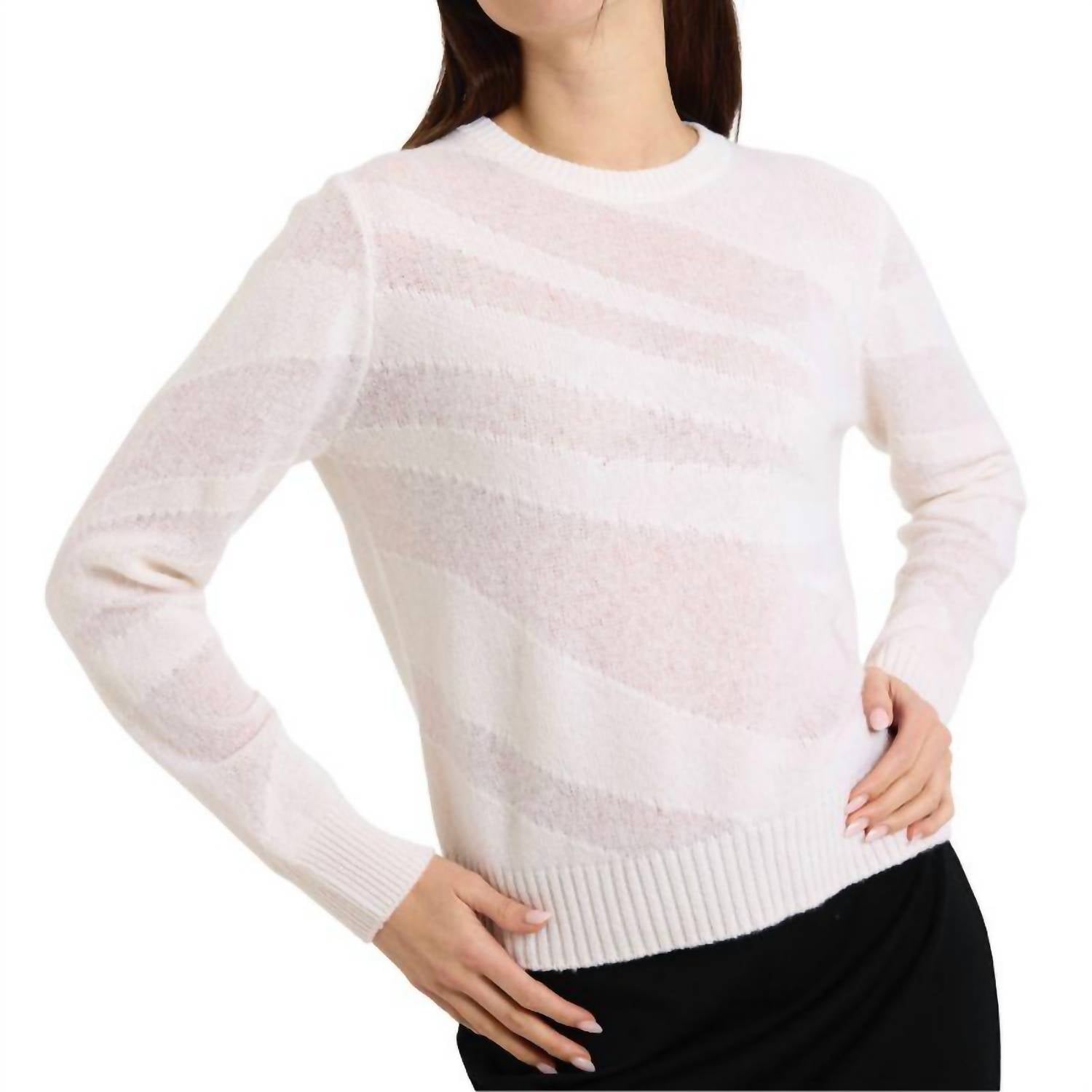 Brodie Cashmere Mix Guage Zebra Crew Pullover in organic white - women's sweater - detail view