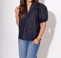 THML Split Neck Suede Ruffle Denim Top in navy - women's blouse - alternate view