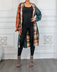 Surelymine - Distressed Long Plaid Patches Shacket