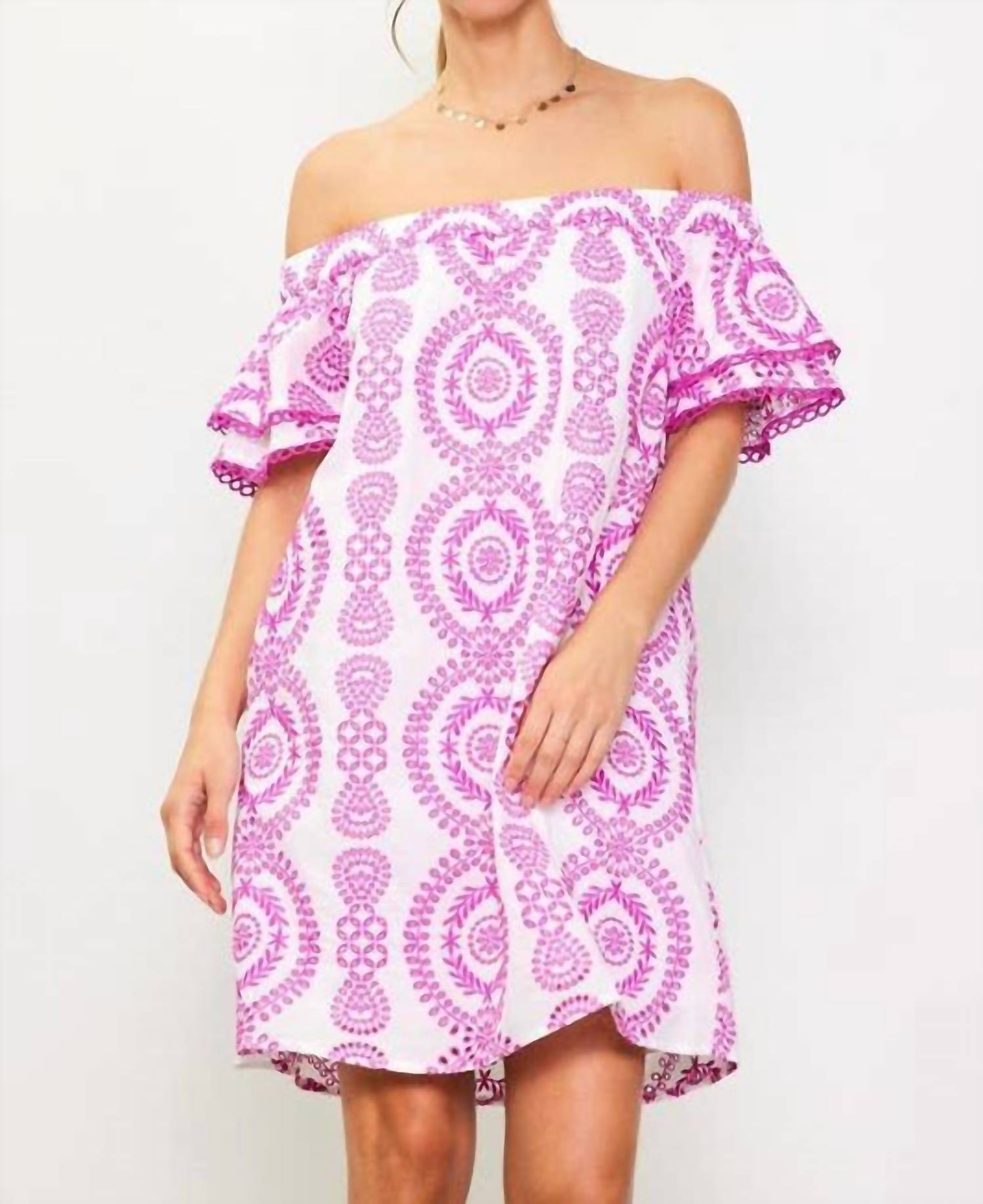 Skies Are Blue - Embroidered Eyelet Off-shoulder Dress