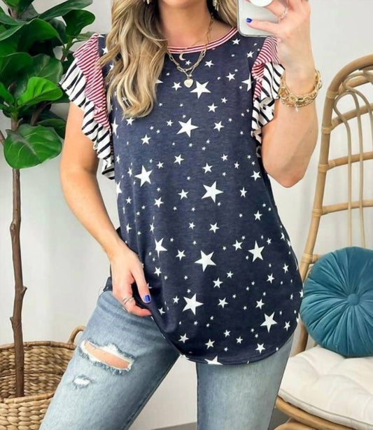 Lovesoft - Striped Ruffled Sleeve Star Print T Shirt